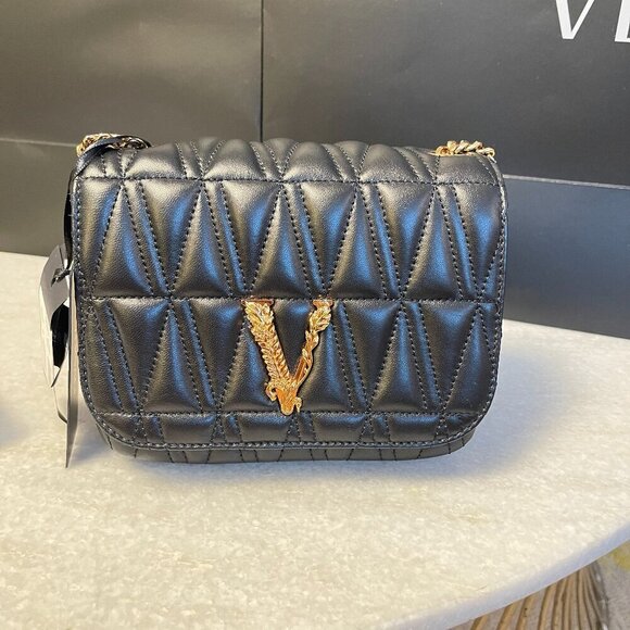 Versace Trapuntata Quilted Black Leather Shoulder Bag On Chain, DBFH821 - Picture 1 of 15